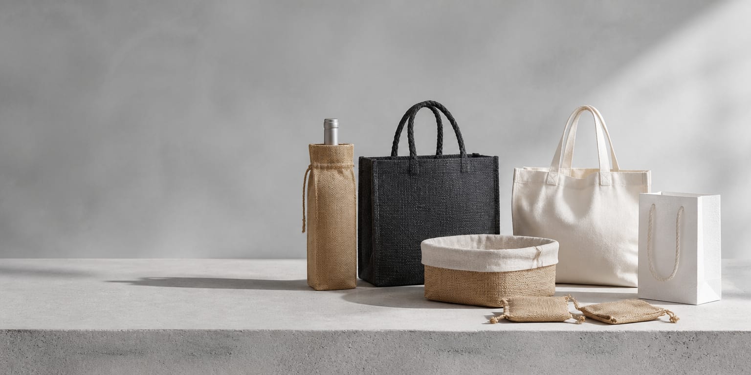 A studio arrangement of Rosa Dori natural-fibre bags and baskets