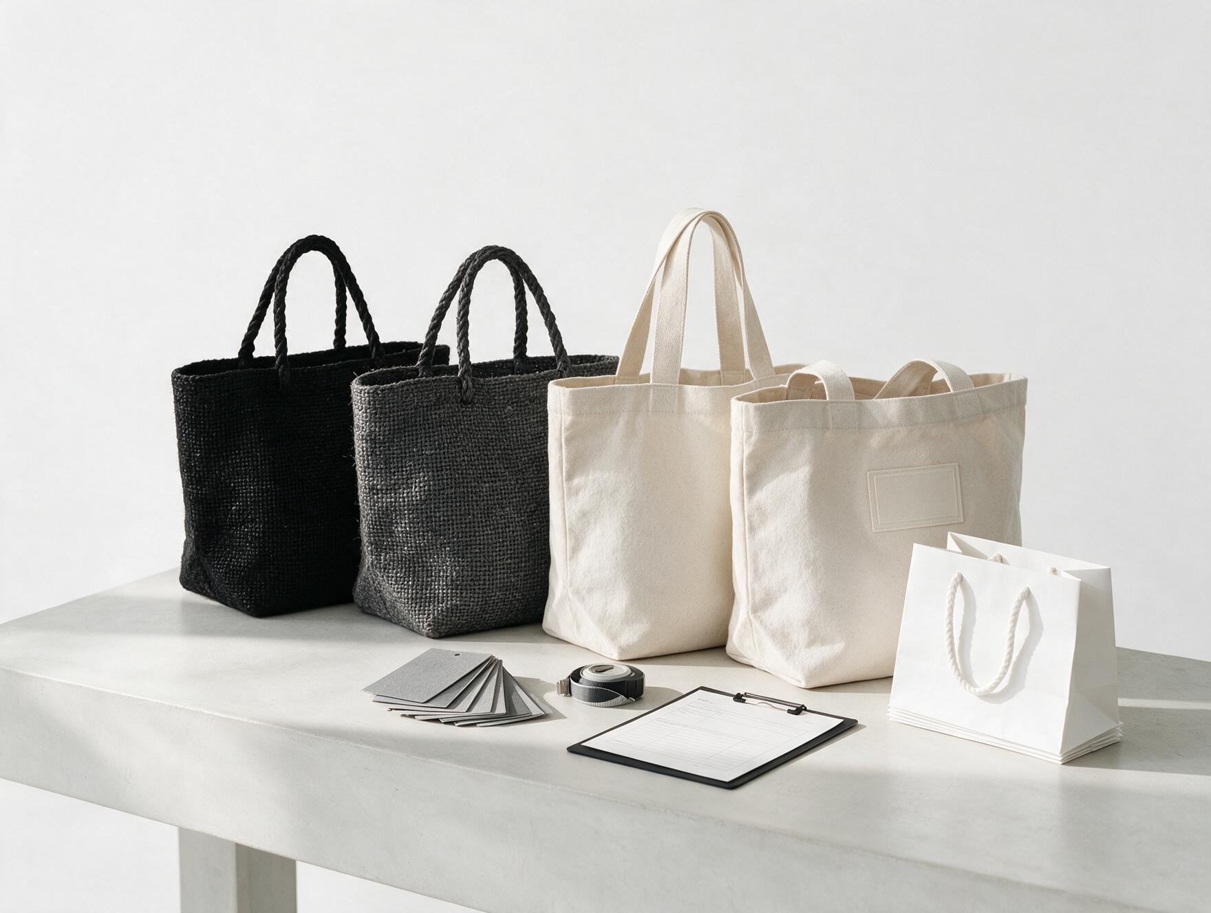 A sampling table with tote bags, swatch cards and a spec sheet