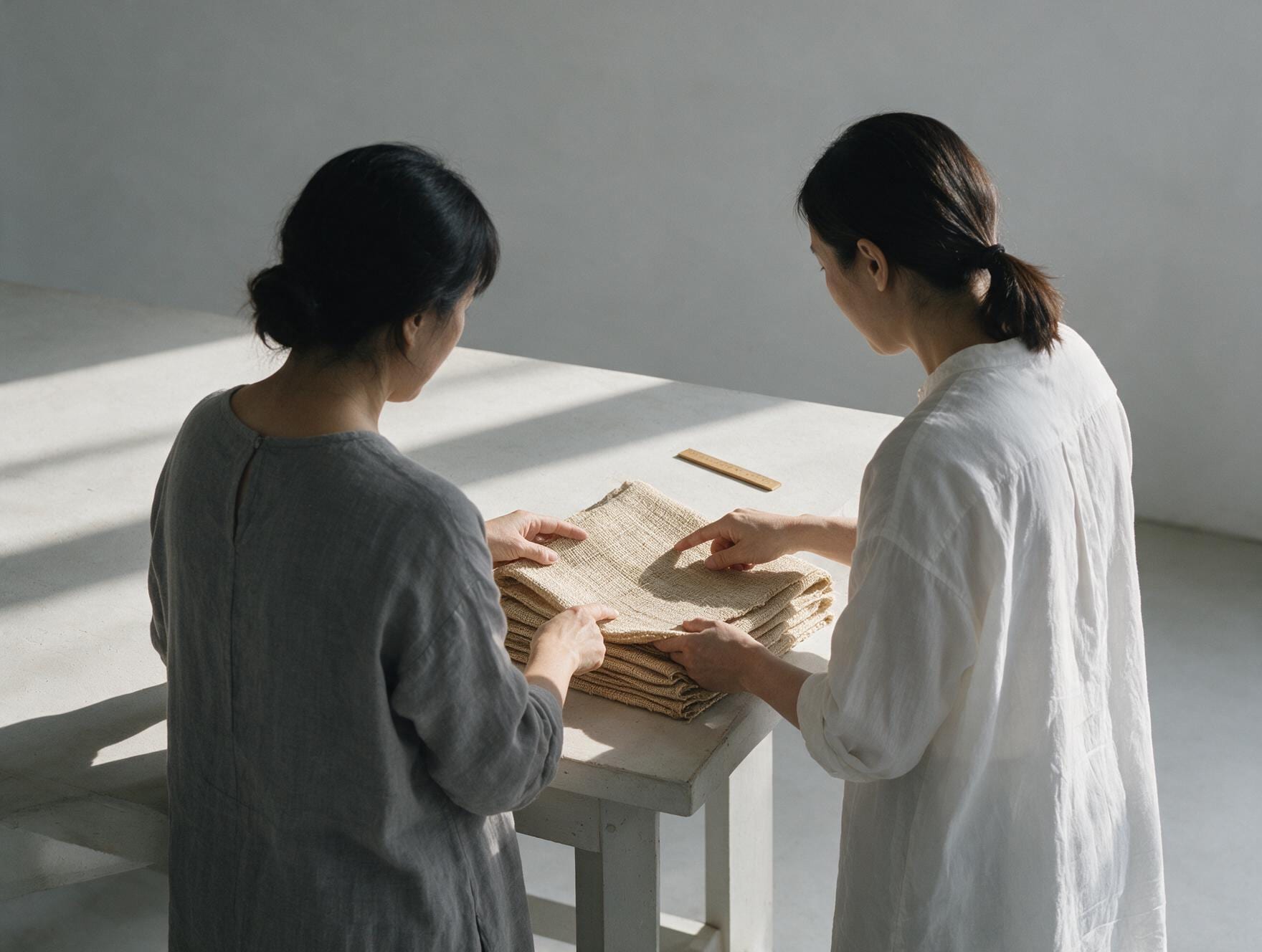Two artisans reviewing folded natural jute cloth
